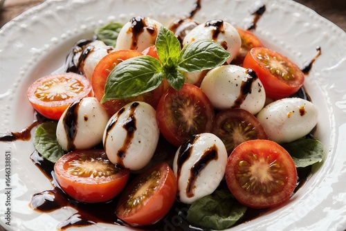 Delicious caprese salad featuring fresh tomatoes, mozzarella, basil with balsamic glaze presented beautifully
