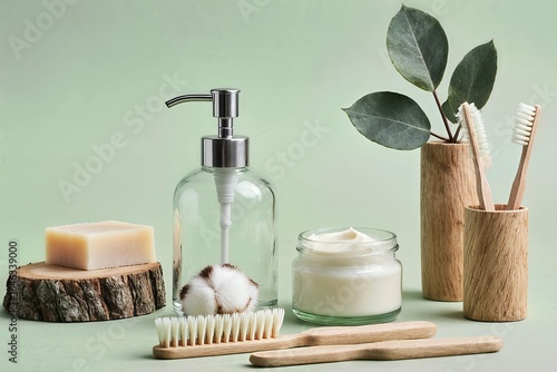 Eco cosmetics concept. Top view photo of glass dispenser bottle cream jar soap hair brush eucalyptus cotton buds toothbrushes and wooden stands on isolated background