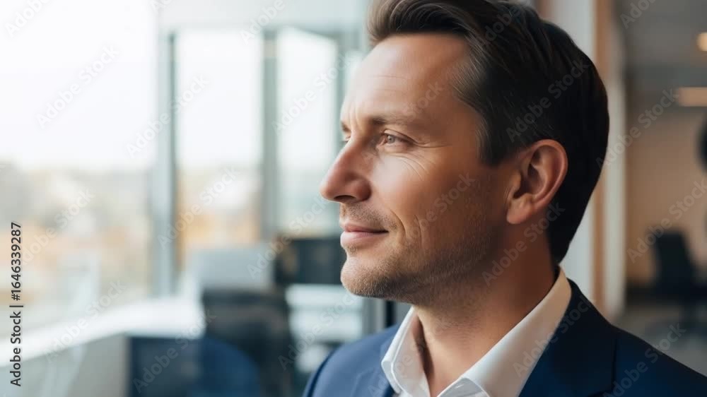 Business man looking out office window Business man looking out office window