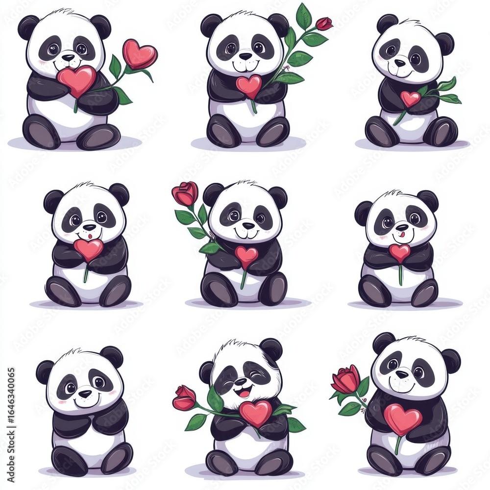 Obraz premium Cute Panda Holding Red Heart and Rose Cartoon Characters