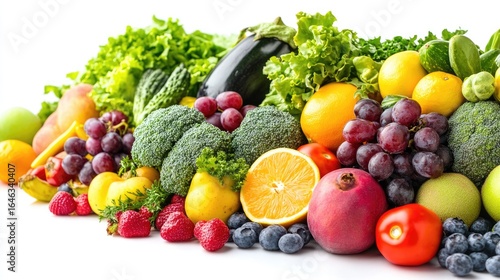 Vibrant Harvest: A close-up shot showcases a colorful array of fresh, healthy fruits and vegetables, exuding natural beauty and representing the bounty of a thriving harvest season.
