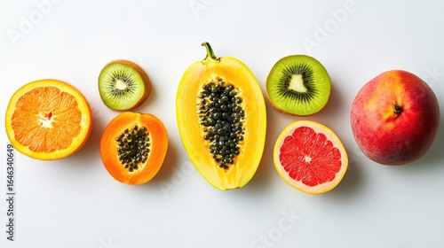 Colorful Fruits Array: A vibrant assortment of fresh, sliced fruits bursts with color, showcasing nature's bounty in a visually stunning display.