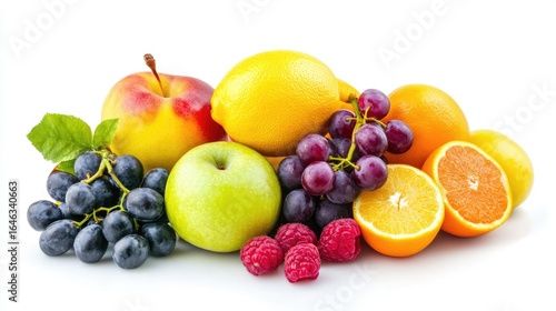 Vibrant Fruit Assortment: A colorful array of fresh fruits, including grapes, apple, orange, raspberry, and lemon, artfully arranged for a visual treat, evoking freshness and natural sweetness.