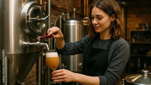 Wallpaper Mural Skilled Woman Pouring Fresh Craft Beer from Stainless Steel Tank in a Modern Brewery Torontodigital.ca