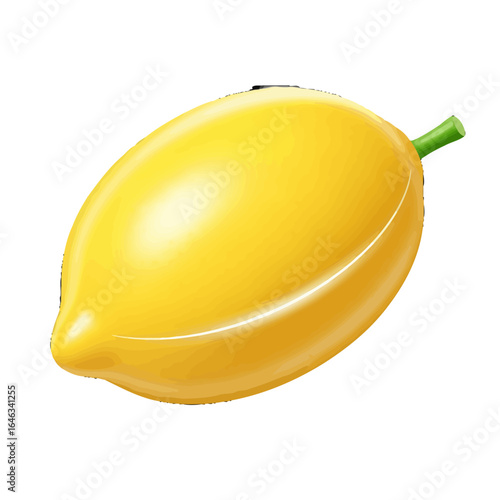 A glossy stylized illustration of a whole yellow lemon with a bright highlight and a small green stem.