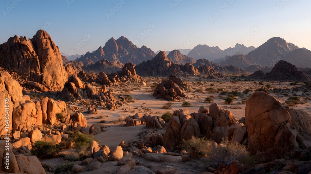 Fototapeta premium Desert landscape with rugged sandstone formations at dawn.