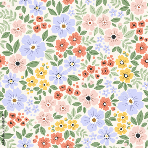 Vector seamless pattern. Vintage pattern in small flowers. Small pastel colors flowers. White background. Ditsy floral background. Delicate Easter template for fashion textile prints. Stock vector.
