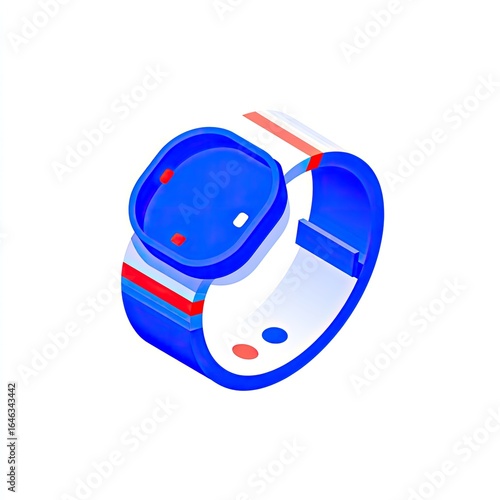 Isometric graphic of a stylish, blue wristwatch with red and white accents