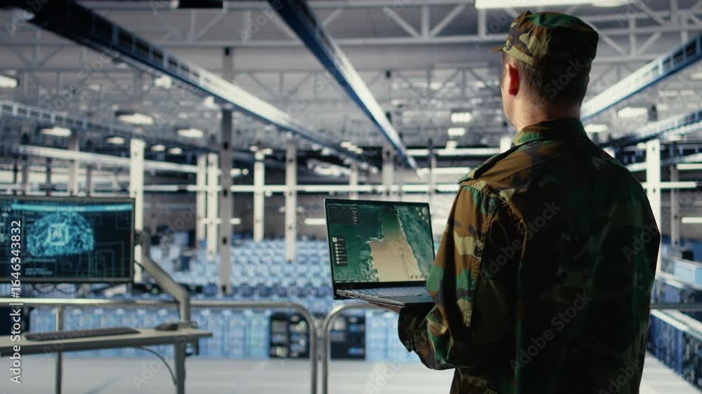 Military data center expert using ballistic missiles radar on laptop to ...