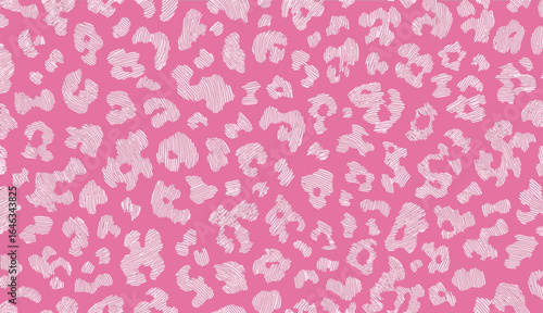 Seamless pink background with abstract white leopard spots, featuring fine hand-drawn line texture, perfect for fashion, textile, and graphic design projects with a modern wild style pattern.
