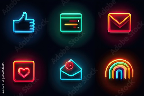 Neon-lit digital icons, social media and communication symbols