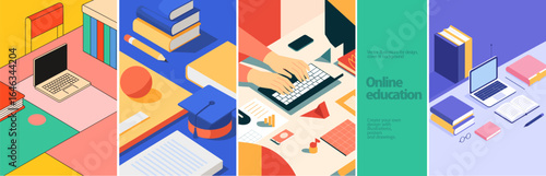 Colorful vector illustration of online education with laptops, books, and study tools. Perfect for e-learning platforms, virtual classrooms, and digital learning promotions.
