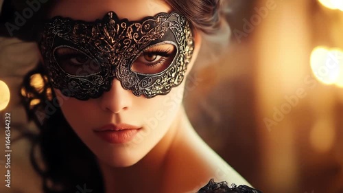 Beautiful Woman Wearing a Black Lace Masquerade Mask

