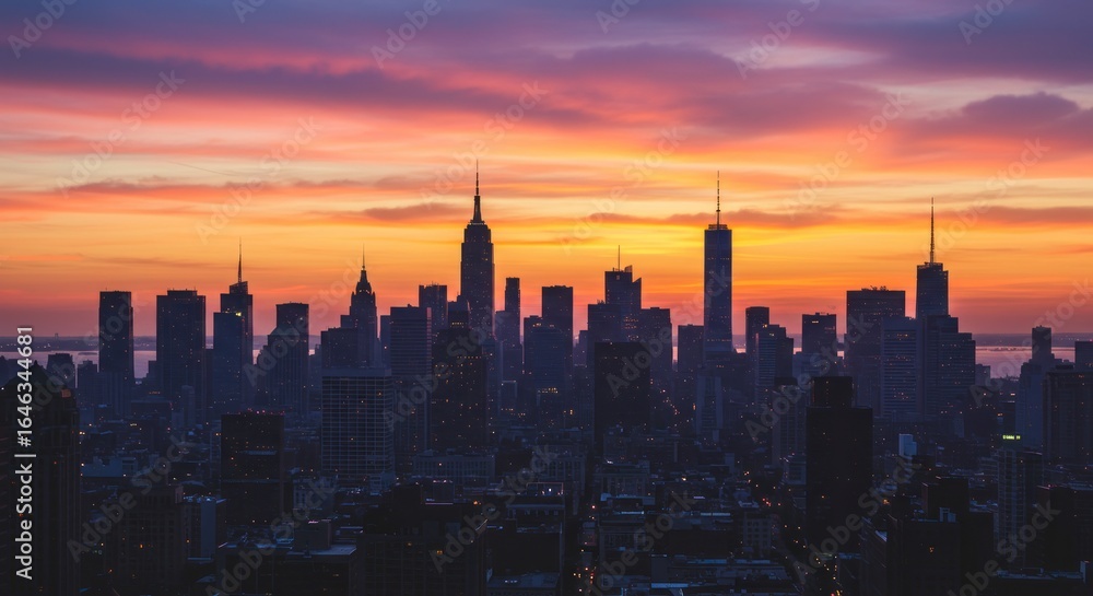 Fototapeta premium New York City skyline at sunset with dramatic colorful clouds