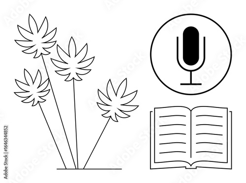 Microphone beside an open book and stylized plant leaves combining themes of audio, learning, and nature. Ideal for education, podcasts, storytelling, eco-awareness, literature, broadcasting simple