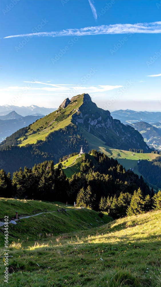 Fototapeta premium Mountain peak vista, lush valley