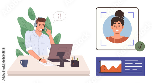 Customer service agent in headset talking, profile verification with facial recognition, and data charts. Ideal for tech support, identity verification, remote work, telecommunication, business