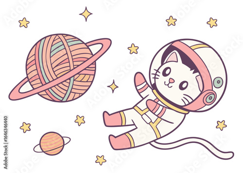 A Cat's Cosmic Journey: An adorable cartoon cat, decked out in a retro astronaut suit, floats weightlessly in the vastness of space alongside whimsical planets and sparkling stars.