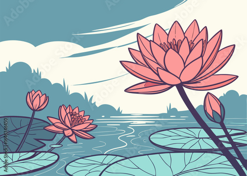 Tranquil Lily Pond: A serene illustration showcasing water lilies in full bloom. Delicate petals unfold against a calm pond, capturing a sense of peace and natural beauty.