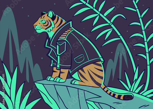 Tiger in a Leather Jacket: An illustration of a confident tiger sporting a stylish leather jacket, perched atop a rocky outcrop under a starry night sky. It is a powerful symbol of style and coolness