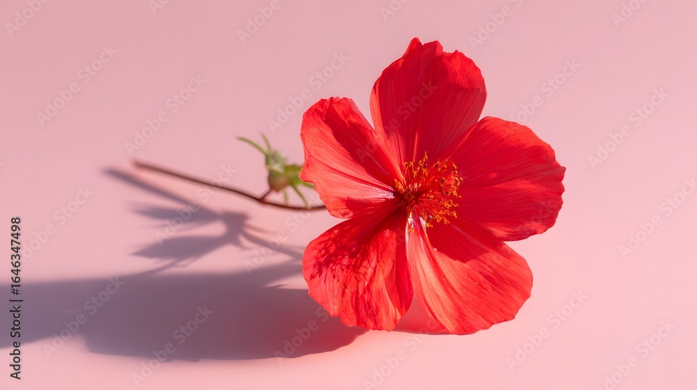 Fototapeta premium Close-up of a vibrant red flower on a pastel pink background.