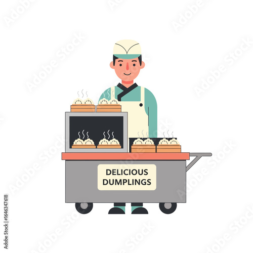 Friendly dumpling vendor smiling behind steaming delicious dumplings on a food cart ready to serve lunchtime customers, inviting street food scene with fresh Asian cuisine