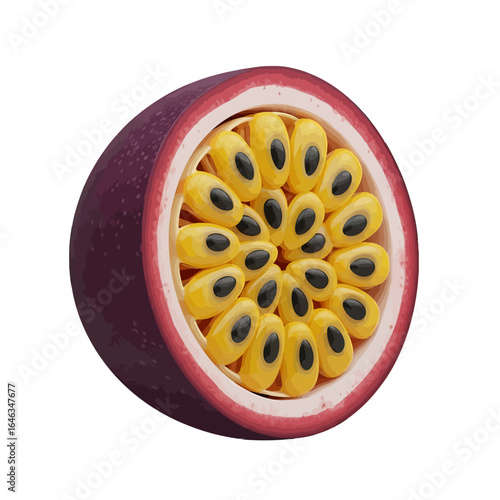 Vibrant crosssection of a purple passion fruit with yellow pulp and black seeds detailed illustration.