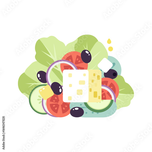 Fresh and vibrant Greek salad with feta, tomatoes, olives, and greens, perfect for healthy eating campaigns and restaurant promotions, a delicious Mediterranean delight