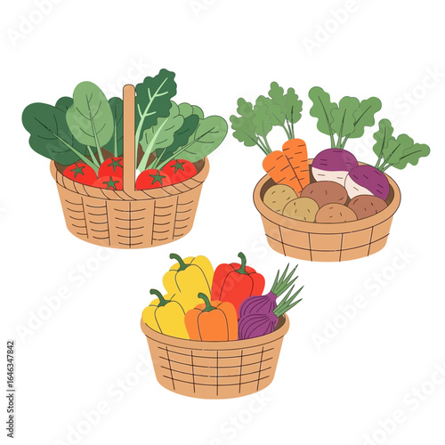 Abundant harvest of fresh garden vegetables spilling from charming woven baskets, celebrating healthy eating and farm-to-table lifestyle with vibrant colors