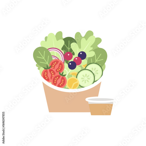 Fresh salad bowl bursting with vibrant tomatoes, cucumbers, greens, and berries alongside a savory dressing, perfect for healthy eating campaigns and food blog illustrations