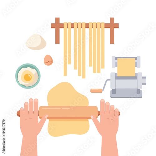 Delightful homemade pasta creation: Rolling fresh dough, a culinary journey of flour, eggs, and handmade goodness, perfect for illustrating cooking blogs and Italian food culture