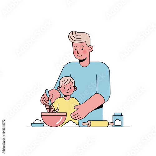 Loving father and son baking together creating cherished memories, family fun in the kitchen, bonding over cooking, perfect for heartwarming family content and parenting themes