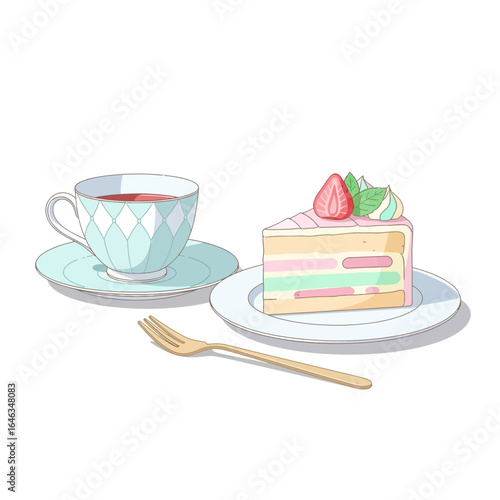 Indulge in a delightful tea time treat with a vibrant slice of rainbow cake topped with a fresh strawberry, a moment of sweet bliss and relaxation with artistic charm