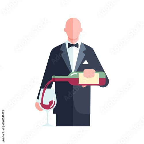 Elegant waiter pouring rich red wine into a glass, perfect for upscale dining promotions and sophisticated lifestyle branding, originally created as a scalable vector graphic