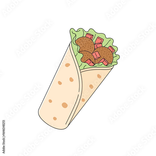 Delicious falafel wrap with fresh lettuce and juicy tomatoes, perfect for a quick lunch or healthy snack, a tasty treat, originally a scalable graphic