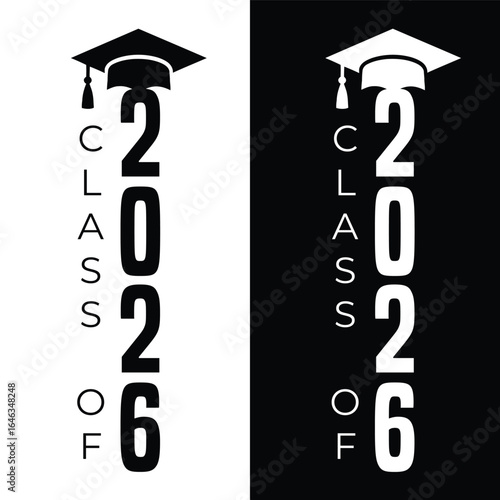 Vertical Class of 2026 Graduation Typography with Cap in Black and White Vector Design