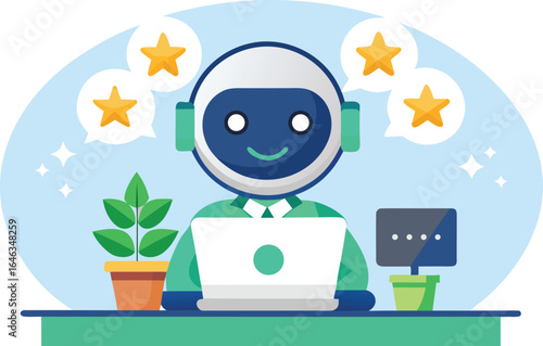 A friendly robot is providing customer service and support with a laptop and positive feedback
