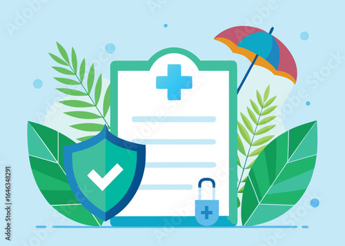 Health insurance policy document with shield, umbrella, and plants for protection and security