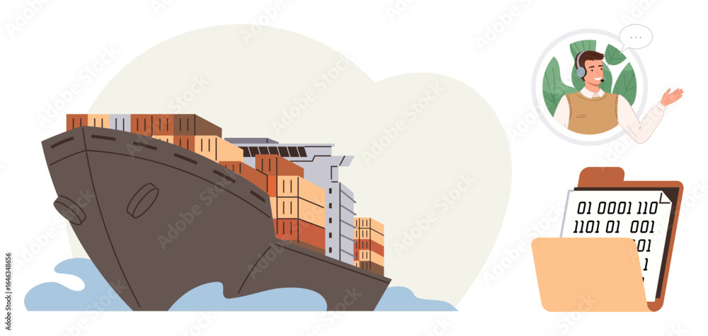 Fototapeta premium Cargo ship with containers on waves, digital tablet showing binary data, person communicating remotely. Ideal for logistics, shipping, trade, data management, global business, communication supply