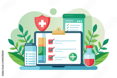 Online healthcare service with laptop, shield, bottle and checklist isolated on white background
