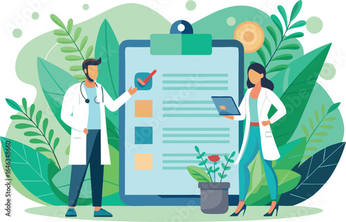 Two doctors are reviewing a patients medical check list, ensuring proper healthcare and treatment