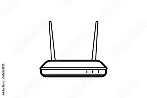 Simple line illustration of a wireless router with two antennas on a white background silhouette