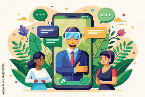 Online customer service support with man in vr headset and call center agents on phone