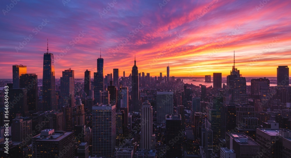 Fototapeta premium NYC skyline at sunset with vibrant sky