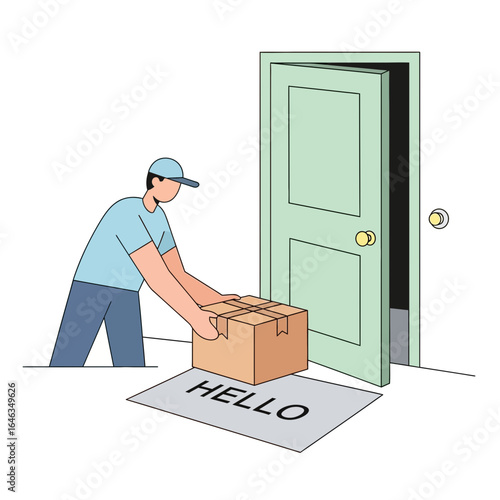Convenient contactless delivery concept, a delivery worker carefully places a package at the front door, ensuring a safe arrival and peace of mind for customers everywhere