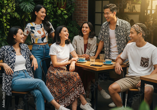 A group of young, diverse friends smiling and chatting while enjoying coffee outdoors, with some wearing modern batik-inspired clothing.