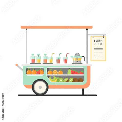 Refreshing juice cart offering vibrant fruit smoothies and freshly squeezed juice, perfect for a healthy lifestyle and summer refreshment, a colorful and modern street vendor concept