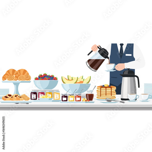 Elegant breakfast buffet illustration featuring fresh pastries, fruits, jams, and hot pancakes, inviting a sense of indulgence and comfort at a hotel or catering event, vector origin
