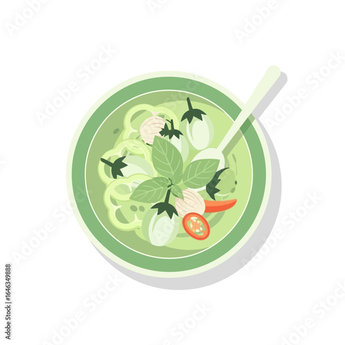 Delicious Thai green curry with fresh basil and eggplant, a vibrant and flavorful culinary experience, perfect for food blogs and restaurant promotions, tantalizing taste buds