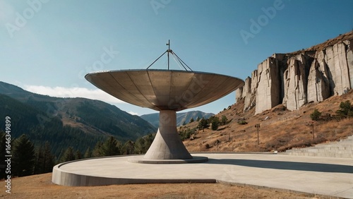 Gigantic parabolic metal dish on a brutalist concrete pedestal, set in a scenic mountain landscape
